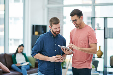 Research, editors or people on tablet for reading report, editing or creative agency in media...