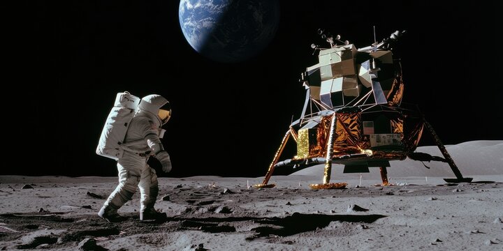 An astronaut stepping out of a spacecraft onto the lunar surface