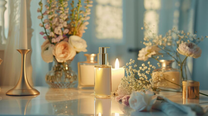 A luxurious bottle of body serum placed on a vanity, surrounded by calming elements like candles and flowers