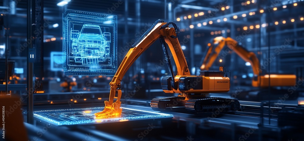 Aufkleber A robotic arm in an automated factory assembles a car using digital technology.
