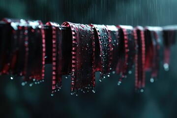 Rows of developed film strips hanging from a drying line, drops of water clinging to the edges, soft focus on the film with a dark, moody background