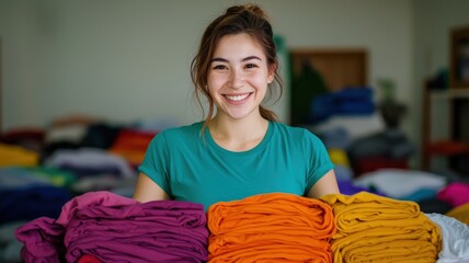 A smiling young woman stands proudly with colorful fabric rolls, surrounded by a vibrant display of neatly arranged textiles in a bright setting.