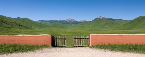 Vast, green hills and an inviting wooden gate leading to endless meadows under a clear blue sky,...