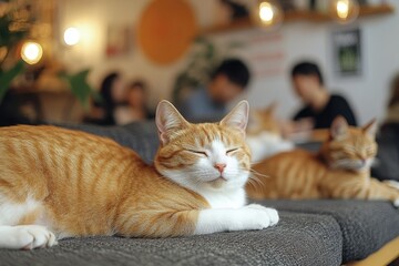 Cats lounging on a cozy sofa in a minimalist cat café, with modern decor, soft lighting, and customers chatting in the background, creating a calm and relaxed atmosphere