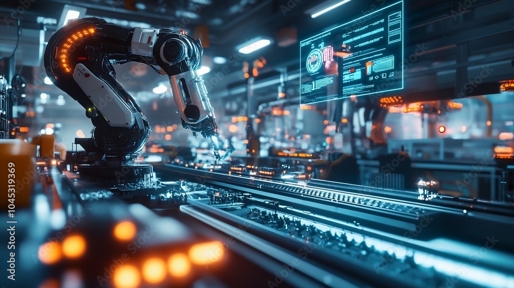 Aufkleber A robotic arm working on an assembly line in a modern factory.