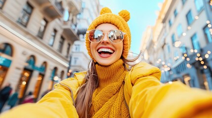 A cheerful woman bundled up in bright yellow winter wear takes a joyful selfie while exploring the vibrant city during a cold sunny day.