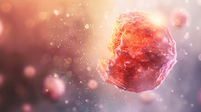 Microscopic view of a cell undergoing apoptosis, nucleus shrinking and chromatin condensing, surrounded by other cells, cellular structures in focus.