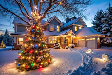 Christmas lights on house and tree with snow in yard