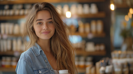 Young woman smiling in skincare shop with product display background