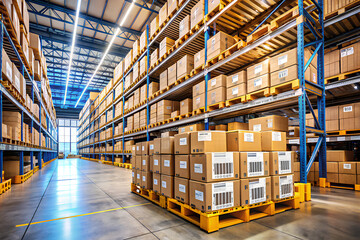 Warehouse storage with barcoded boxes, efficient inventory tracking system.png