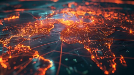 A globe with a network of lines and dots that are orange