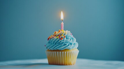 A single cupcake with blue frosting and sprinkles, topped with a lit candle, against a blue background.