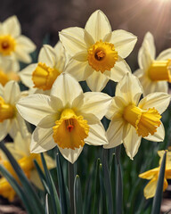 Fototapeta premium Bright colourful fresh yellow daffodils first flowers delicate background. Celebrating of spring. Floral template. 