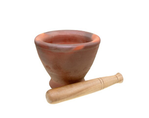 Mortar and pestle placed separately on white background.