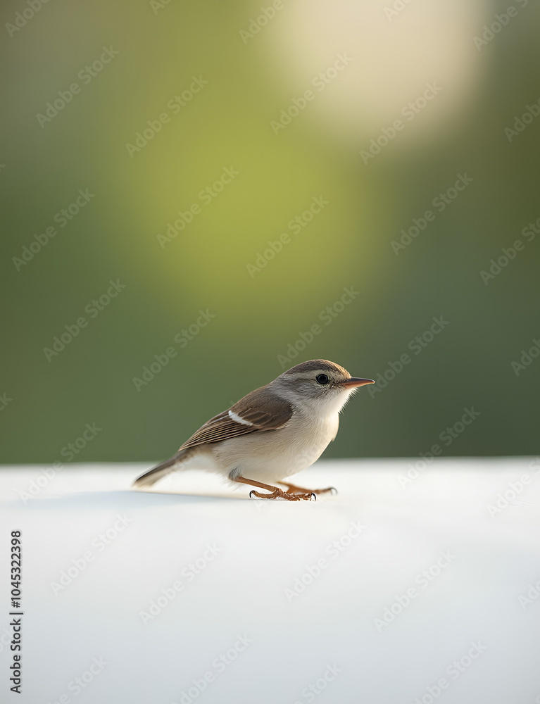 Poster Small bird perched alone on a clean white surface with blurred surroundings and soft natural light effects.