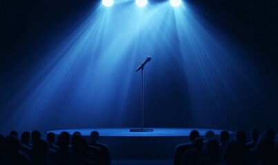 A single microphone stands on a stage with spotlights illuminating it, in front of a crowd of...