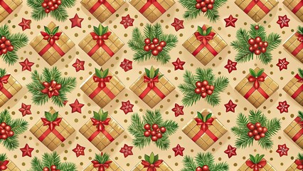 Christmas wrapping paper pattern with long shots of mistletoe and stockings