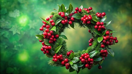 Obraz premium Christmas wreath with red berries and green leaves on green background with shallow depth of field