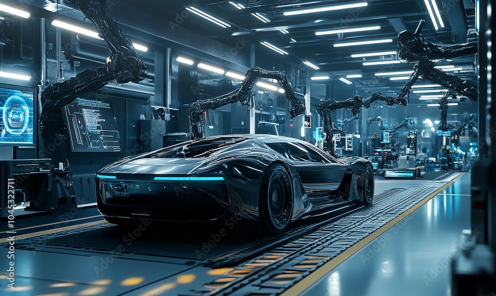 Aufkleber a sleek, futuristic car is being assembled on an automated production line in a modern factory.