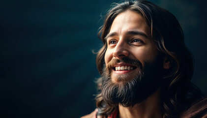 Jesus Christ smiling with blue light around joyful expression divine happiness spiritual peace sacred joy Christianity copy space