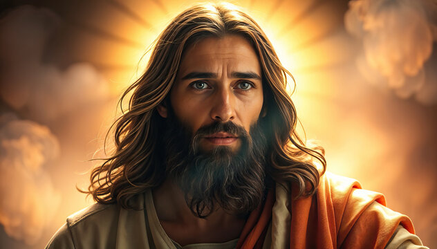 Jesus Christ looking towards sky golden light surrounding sacred moment peaceful spiritual atmosphere divine aura Christianity