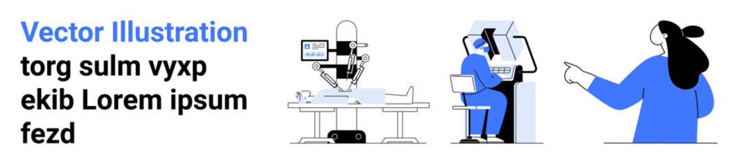 Vector drawing showing a lab with a robot arm, a person working with a screen, and an individual pointing at a board. Ideal for workplace innovation, robotics tech, human-computer interaction, lab