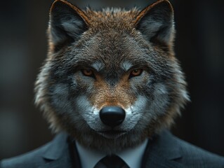 Fototapeta premium Close-up of an anthropomorphic wolf in a sleek dark suit, showcasing confidence and charisma for motivational posters and personal branding. Detailed suit and wolf.