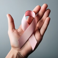 Hand holding a pink cancer awareness ribbon with copy space,