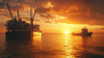 Fototapeta premium Oil Platform and Supply Ship at Sunset