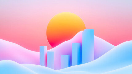 Depicts a city at sunrise, with the sun illuminating the silhouettes of tall buildings and the sky