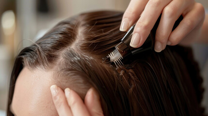 A model applying a scalp treatment serum from a hair loss treatment kit, with focus on healthy roots