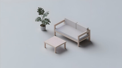 A white background featuring minimalist isometric illustrations of furniture pieces, including a simple couch and table in muted grey tones