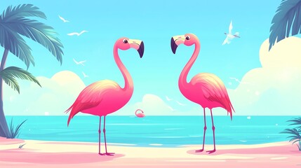 Fototapeta premium Two vibrant pink flamingos standing on a tropical beach with palm trees and a bright blue ocean.