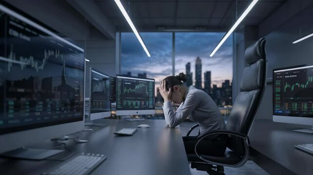 4k Footage of a losing trader woman with short hair sits alone in a dimly lit, modern office. She has her head in her hands and is surrounded by multiple monitors displaying chart.