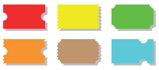 Set of Empty tickets mockups with shadow in different shapes and colors. vector illustration isolated on white background.