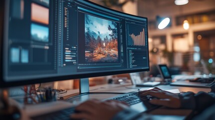 A computer monitor displays a series of images and graphs. A graphic designer at work