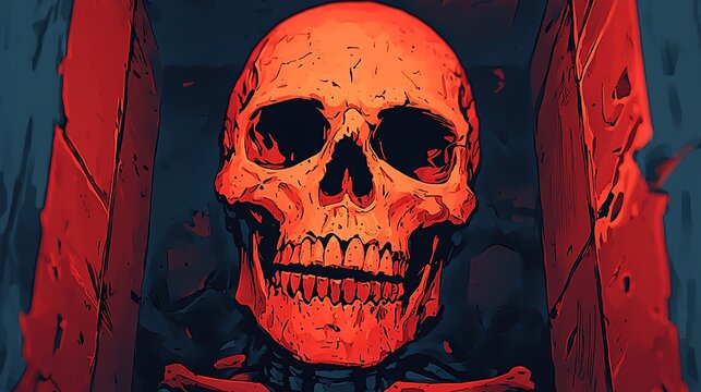 Ethereal glow of a mystical red skull in a darkened chamber exploring themes of life and death in art