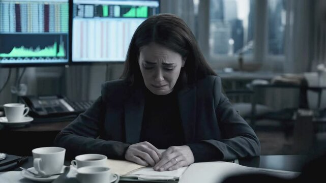 4k Footage of a sad and desperate forex trader because she loses a lot of money.