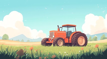 Obraz premium Orange tractor on green field landscape with blue sky and clouds in the background.
