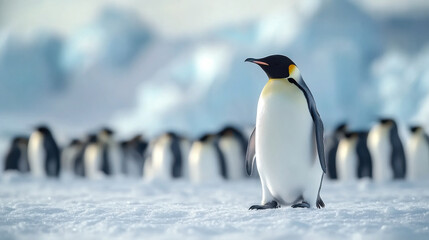 Obraz premium Group of king penguins coming back together from sea to beach with waves in the background