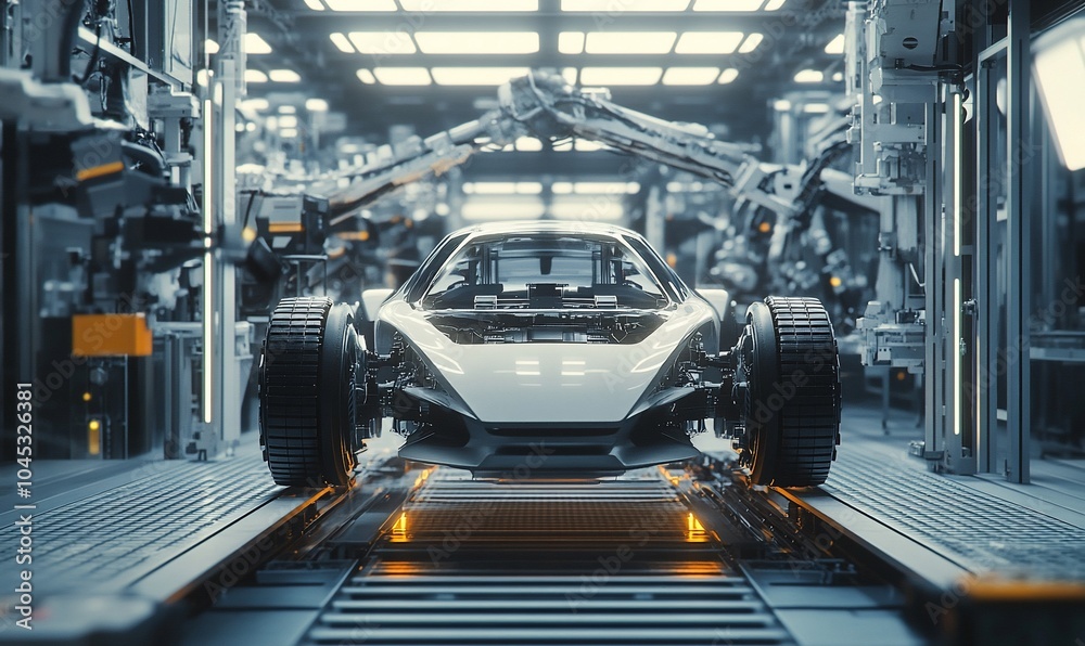 Poster a white sports car is being assembled on a futuristic assembly line in a factory with robotic arms.