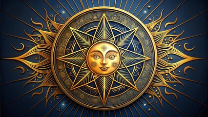 Intricate pagan sun artwork in golden design with celestial elements