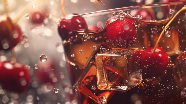 Chilled Cherry Vanilla Infusion, vibrant ice cubes infused with cherry and vanilla essence float in a refreshing glass of cola, creating an enticing summer beverage.