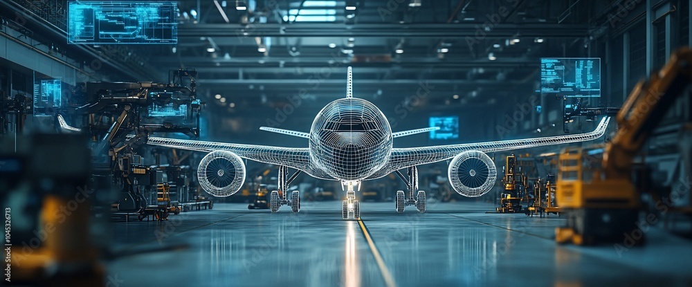 Aufkleber a wireframe airplane stands in a hangar with a blurred background of machinery.