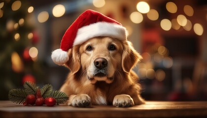A cute and adorable golden retriever wearing a red Christmas hat surrounded by ornaments and xmas decorations; dog photography; holiday season and winter festivity; a cute dog wearing a Christmas hat