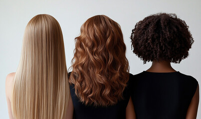 
Back view of three women with different hair. Photograph demonstrating that there are different types of hair. 
