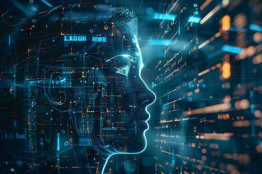 Artificial Intelligence. image showcases an abstract digital human head profile with a futuristic concept of artificial intelligence. A neural network is depicted through glowing blue connections