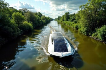 Solar-powered boat. A sleek boat with solar panels on its roof navigates a serene river surrounded by lush greenery under a partly cloudy sky.