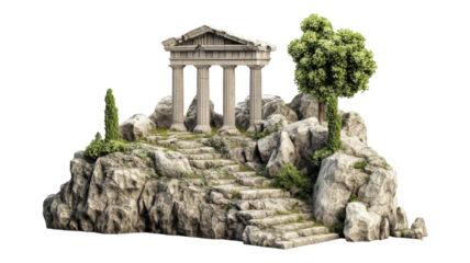 Ancient temple ruins atop rocky terrain surrounded by greenery, highlighting historical architecture in a scenic landscape.