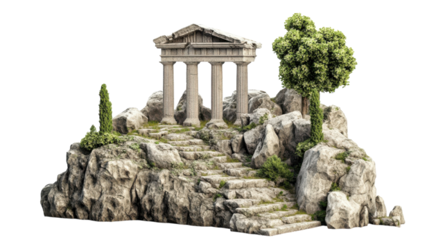 Ancient temple ruins atop rocky terrain surrounded by greenery, highlighting historical architecture in a scenic landscape.